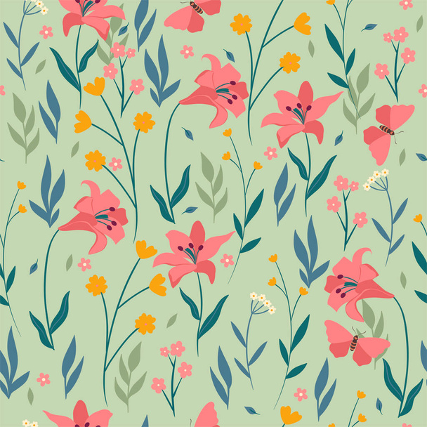 Seamless pattern with pink lilies, flowers, leaves and butterflies. Vector image. - Vettoriali, immagini
