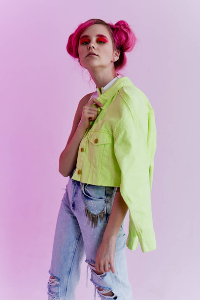 pretty woman green jacket fashionable clothes Acid style design - Foto, Bild