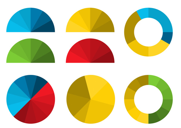 Set of 4 colorful half pie diagrams in color shades and 4 full p - Vector, Image