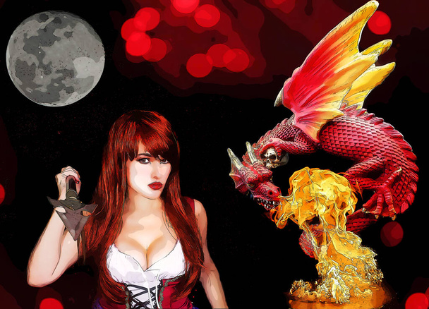 Kobieta Wojownik Dragon Slayer z włócznią i Dragon Illustration - Zdjęcie, obraz