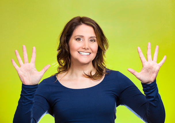 Woman making two times five sign gesture with hands, fingers, number ten - Fotoğraf, Görsel