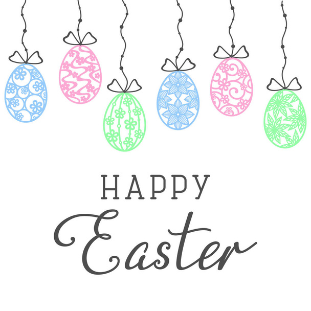 Colorful openwork Easter eggs hanging on a string with beads, isolated on a white background. Happy Easter hand-drawn lettering. Vector design template for holiday greeting card, banner, poster, flyer, invitation and festive design. Spring holiday - Vektor, kép