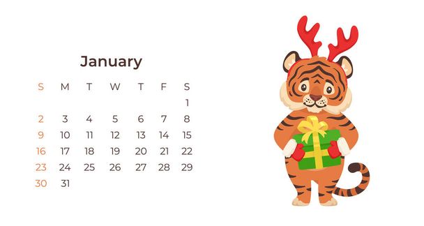かわいい漫画虎2022年1月カレンダー水平テンプレート. - ベクター画像