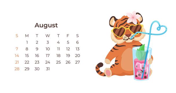 Lindo tigre de dibujos animados agosto 2022 calendario plantilla horizontal. - Vector, Imagen