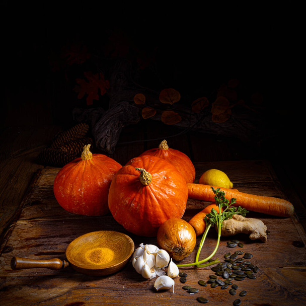 Pumpkin soup, delicious ingredients - Foto, Imagem