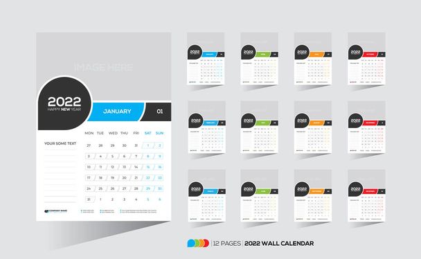 4 farbige 12 Monate 12 Seiten 2022 Wandkalender Design für den persönlichen oder jede Art von Gebrauch - Vektor, Bild