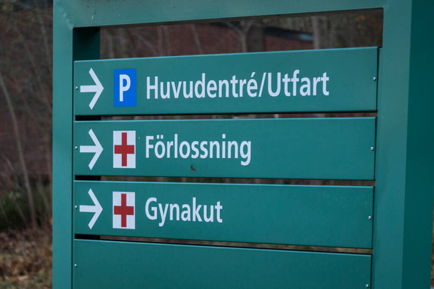 スウェーデン、ストックホルムスウェーデンのダンデリード病院の看板が正面玄関と妊産婦病棟を指しています. - 写真・画像