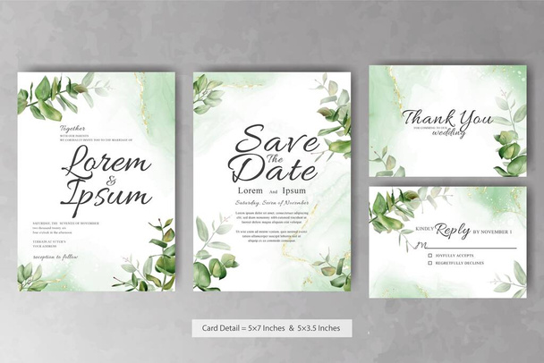 Set van groen aquarel bruiloft uitnodiging kaart sjabloon - Vector, afbeelding