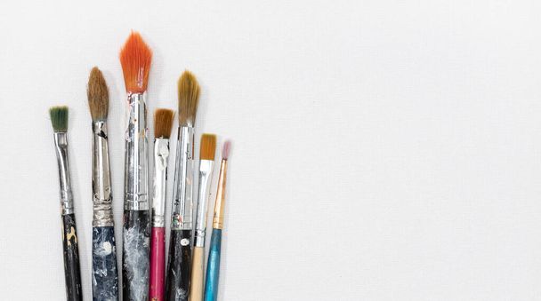 Group of artist brushes on white canvas background. Copy space - Foto, Imagen