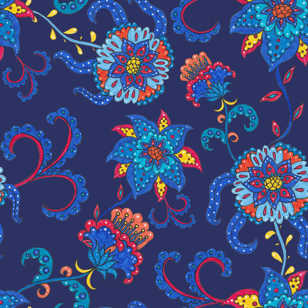 Aquarel naadloos patroon met folky bloemen en bladeren in etnische stijl. Bloemenversiering. Traditioneel paisley patroon. Textiel ontwerp textuur.Tribal etnische vintage naadloos patroon. - Foto, afbeelding