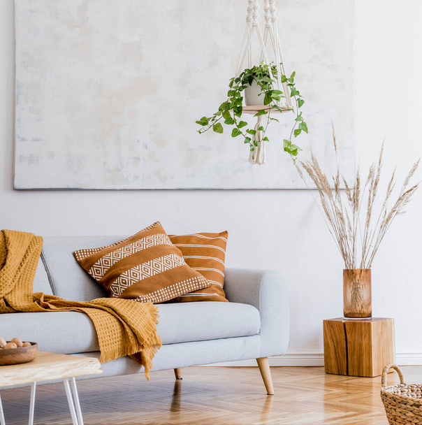 Stylish composition of creative spacious apartment interior with grey sofa, chair, coffee table, plants, carpet and beautiful accessories. White walls and parquet floor. - 写真・画像