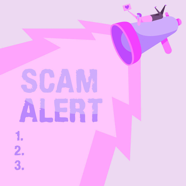 Text showing inspiration Scam Alert. Concept meaning warning someone about scheme or fraud notice any unusual Man Drawing On Megaphone Producing Lighting Making Lovely Message. - Photo, Image