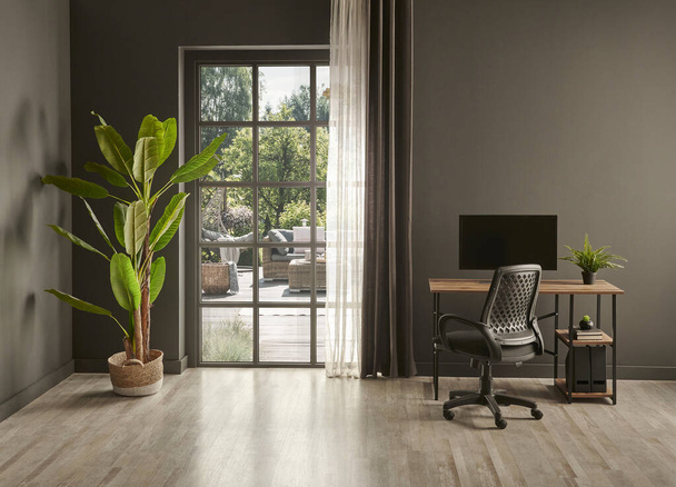 Szary salon, monitor, krzesło wazon zielonej rośliny przed oknem widok na ogród. - Zdjęcie, obraz