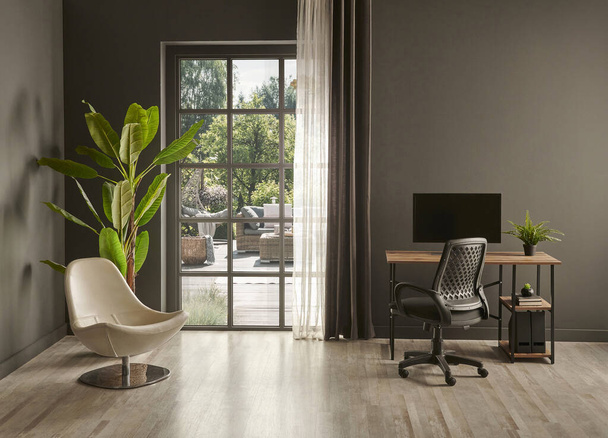 Ufficio grigio soggiorno, monitor, vaso sedia di pianta verde di fronte alla finestra vista giardino. - Foto, immagini