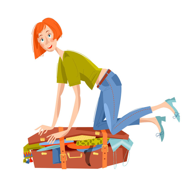 Young woman sitting on overflowed suitcase and trying to close it. Preparing for journey. Travel concept. Vector illustration - Vektor, kép