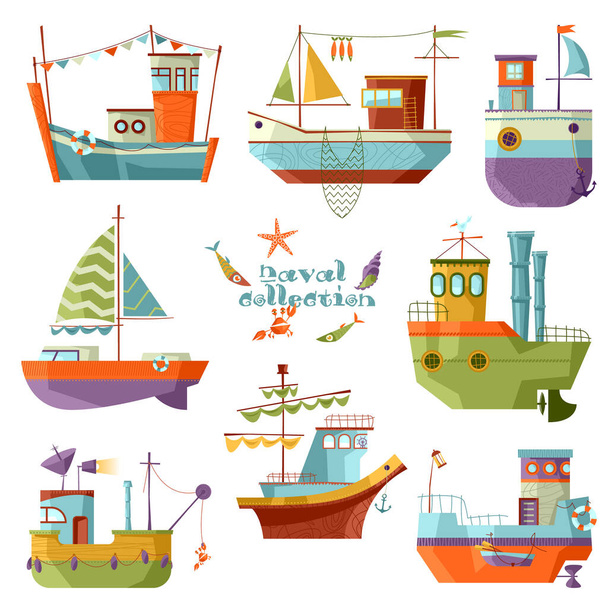 Naval collection. Set of 8 multi-colored ships. Vector illustration - Vector, imagen