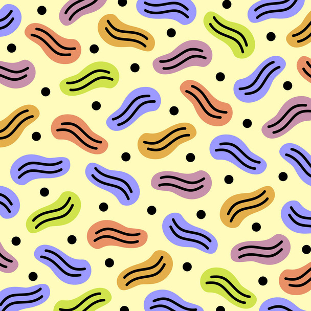Abstract multicolored pattern. Stylized pattern consisting of black lines and dots on a background of colored spots, on a yellow background. Vector illustration. - Vector, Imagen