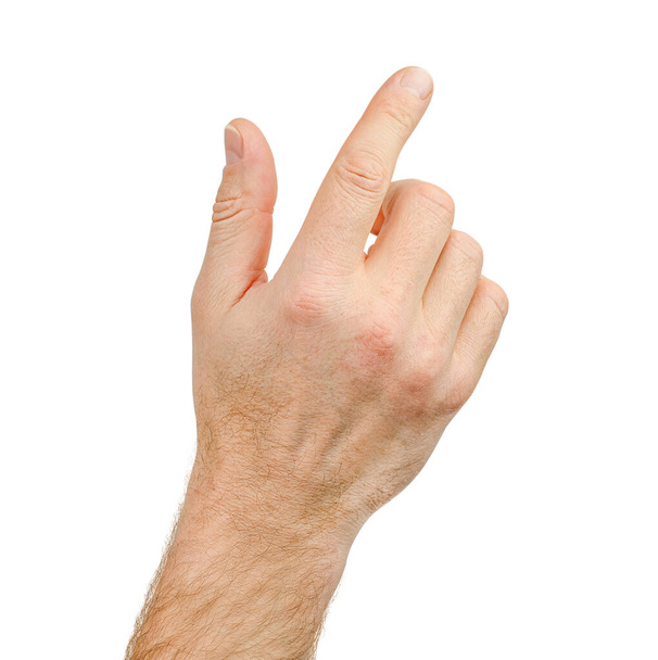 male hand presses or points at something, isolated on white background - Foto, afbeelding