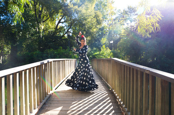 beautiful Spanish brunette flamenco dancer woman with a typical flamenco costume with white polka dots dancing on a wooden catwalk in the street. Flamenco cultural heritage of humanity. - Photo, Image
