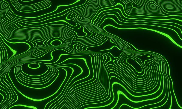抽象的な緑の地形輪郭線。3Dイラスト. - 写真・画像