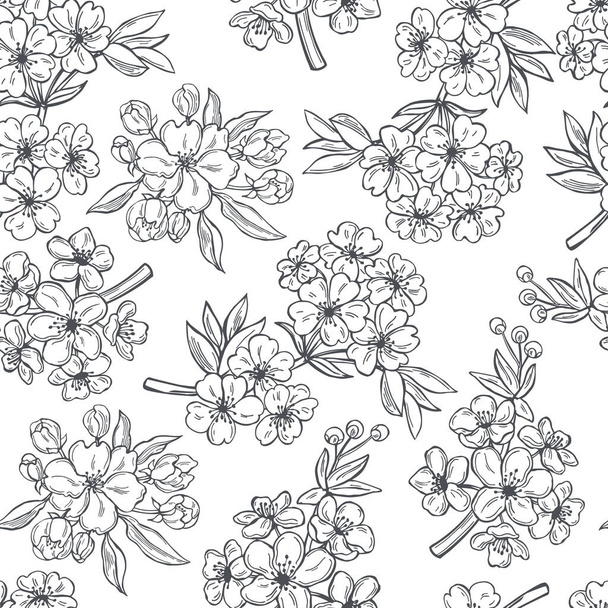 Hand drawn spring branches with flowers on white background.   Vector  seamless pattern. - Vector, Image