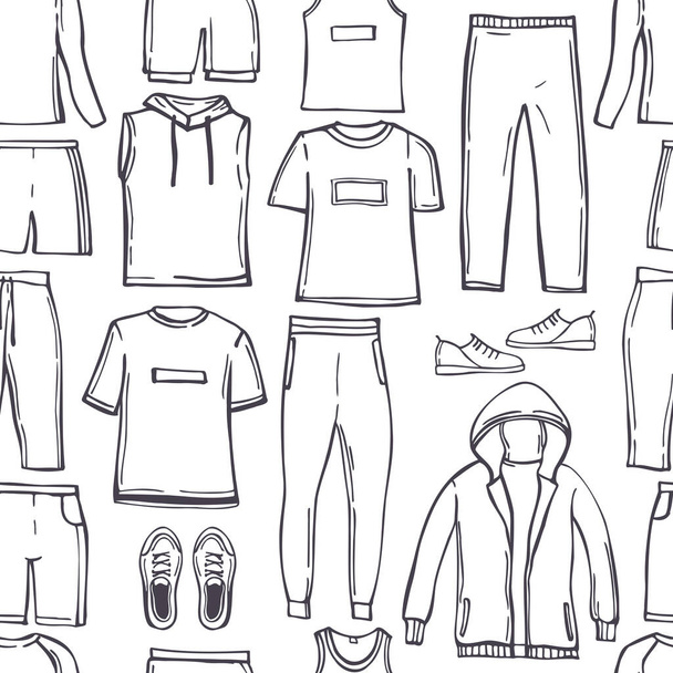 Hand drawn men's clothes for sports and fitness.  Sport style shirts, pants, jackets, tops, shorts. Vector  seamless pattern.  - Вектор, зображення