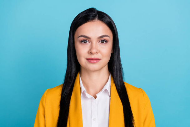 Photo of charming attractive young businesswoman wear yellow blazer worker assistant isolated on blue color background - Fotografie, Obrázek