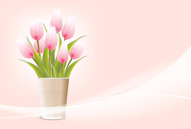 Biglietto nuziale con tulipani su sfondo chiaro. Biglietto d'invito con fiori vettoriali 3d. - Vettoriali, immagini