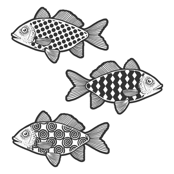 Fish set with abstract pattern sketch engraving vector illustration. T-shirt apparel print design. Scratch board imitation. Black and white hand drawn image. - Vecteur, image