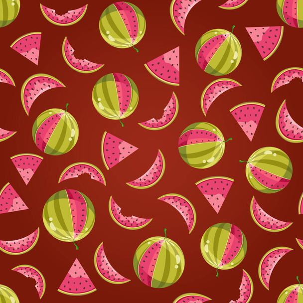 Juicy Watermelon Seamless Pattern on Dark Red Background - Vector, afbeelding