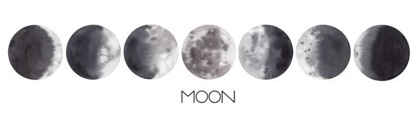 Watercolor Set of moon phases. Different phases of the moon on a white background. A symbol of a new beginning, a dream, fantasy, magic. Hand drawn moon watercolor illustration. - Photo, Image