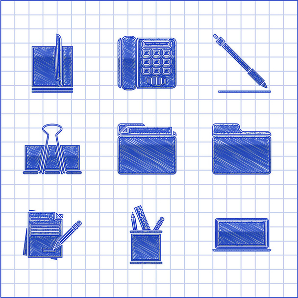 Ορισμός φακέλου εγγράφου, Χαρτικά περίπτωση μολύβι, Laptop, κενό σημειωματάριο και μολύβι με γόμα, κλιπ Binder, γραμμή και αρχείο εικονίδιο έγγραφο. Διάνυσμα - Διάνυσμα, εικόνα
