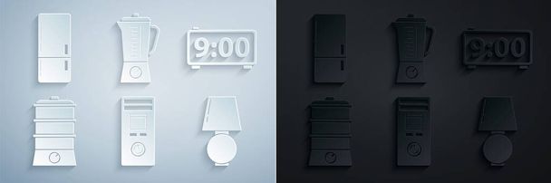 Uzaktan kumandalı dijital alarm saatini çift ısıtıcılı masa lambası karıştırıcı ve soğutucu simgesini ayarla. Vektör. - Vektör, Görsel