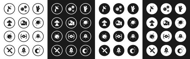 Set Vulcan salute, Astronaut helmet, UFO flying spaceship, Radar, Planet, Mars rover and  icon. Vector - Vector, Image