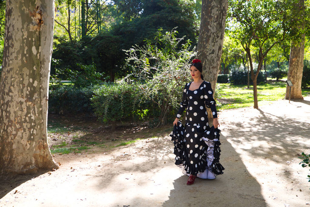 Espanhol, bonito, morena dançarina de flamenco com um típico vestido de flamenco em preto com bolinhas brancas. Ela está dançando no parque em Sevilha. Conceito de flamenco património cultural da humanidade. - Foto, Imagem