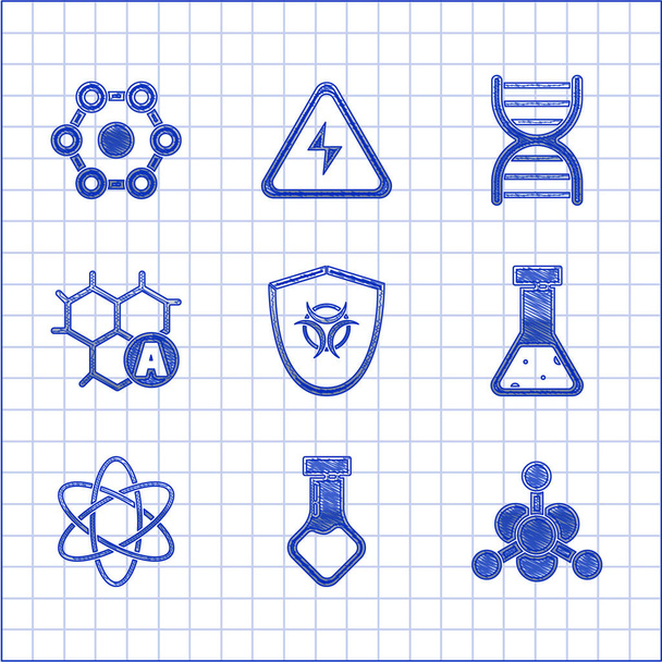 Stel Biohazard symbool op schild, reageerbuis en kolf chemische stof, Bacteriën, Atom, Chemische formule, DNA en pictogram. Vector - Vector, afbeelding