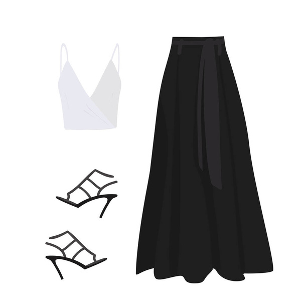 saia longa preto top tanque branco e sandálias pretas em um fundo branco. conjunto de roupas femininas - Vetor, Imagem