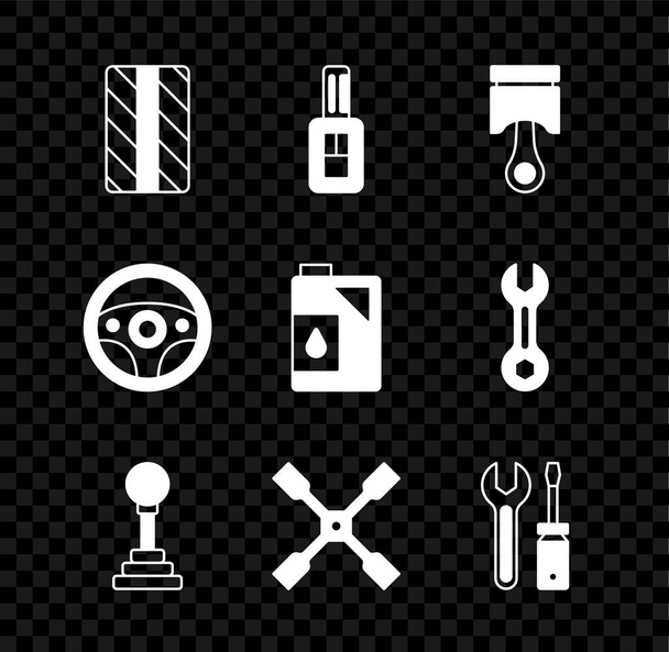 Set Autoreifenrad, Schlüssel mit Fernbedienung, Motorkolben, Schalthebel, Radschlüssel, Schraubendreher und Schlüssel, Lenkung und Kanister für Motoröl-Symbol. Vektor - Vektor, Bild