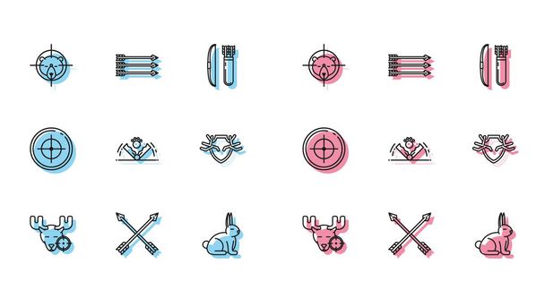 Set line Hunt on moose with crosshairs, Crossed arrows, bear, Rabbit, Trap hunting, Deer antlers shield, Target sport for shooting competition and Hipster icon. Vector - Vector, Image