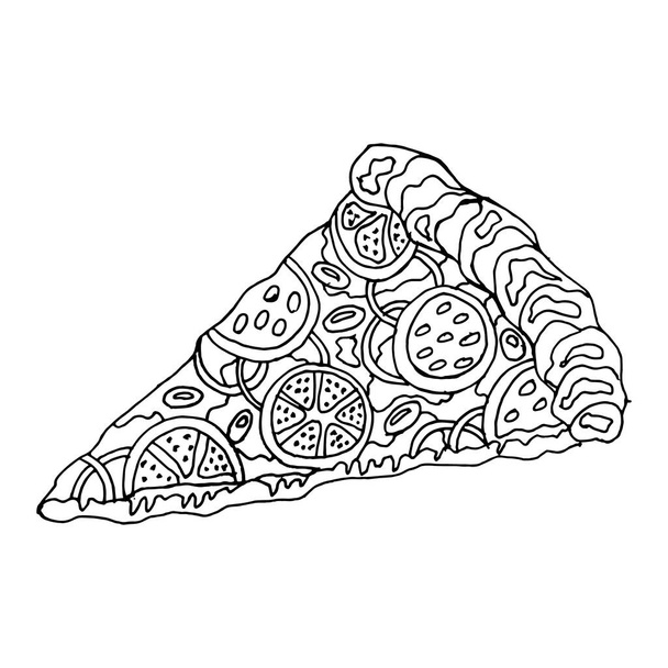 illustration, hand drawn contour slice of pizza, anti stress for coloring, for food industry - Vector, Image