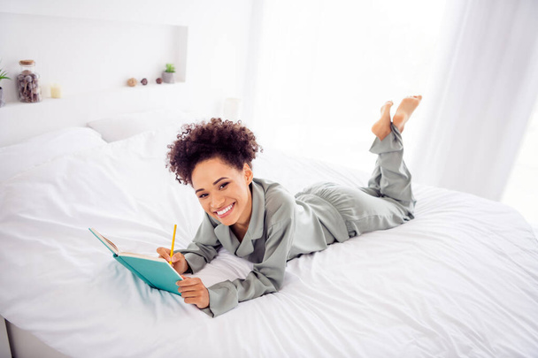 Photo of charming writer lady lay bed hold pen make notes to-do list wear silky gown in light bedroom home indoors - Fotoğraf, Görsel