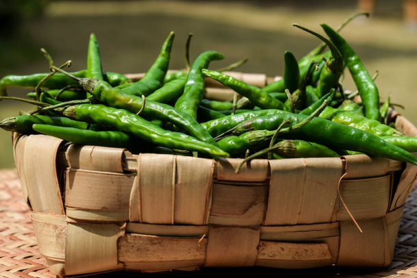 Side view of bamboo wicker basket with heap of green chillies. Raw organic stack of green chilly in wicker basket - Photo, Image