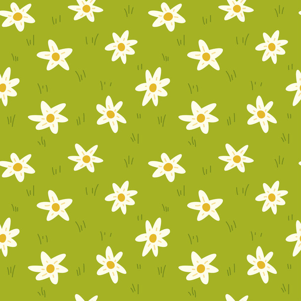 Seamless pattern of cartoon daisies on a light green background. Chamomile in the meadow. - Vektör, Görsel