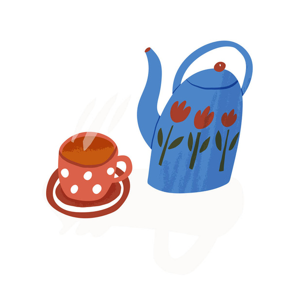 Schattige kokende theepot of waterkoker met tulpen versiering met damp, kopje zwarte of kruidenthee. Illustratie in retrostijl. - Vector, afbeelding