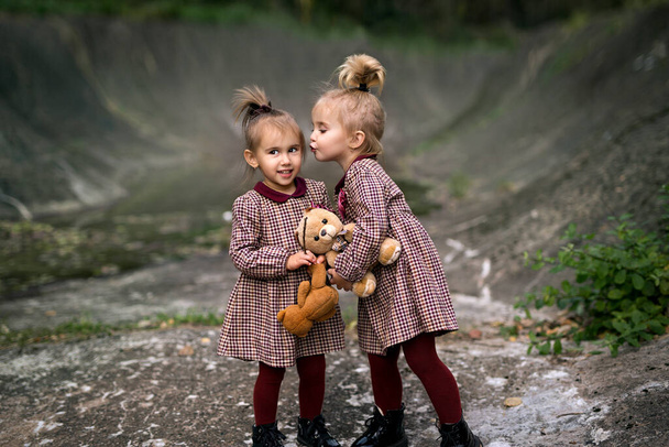 Tyttö kuiskaa salaisuuden ystävänsä korvaan. Kaksi lasta nallekarhun kanssa kävelee kallioilla - Valokuva, kuva