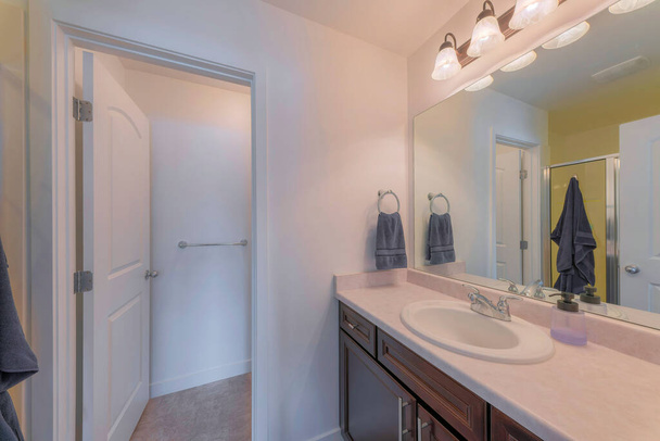 Интерьер ванной комнаты с белой дверью туалета внутри - Фото, изображение