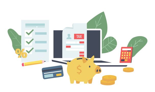Adófizetés interneten keresztül, Online Kormányzati Szolgálat Pénzügyi koncepció. Laptop, adóbevallás, malacpersely, számológép vagy érmék - Vektor, kép