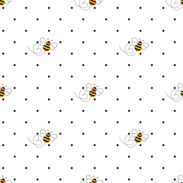 Seamless pattern with bees on white polka dots background. Small wasp. Vector illustration. Adorable cartoon character. Template design for invitation, cards, textile, fabric. Doodle style - Vektör, Görsel