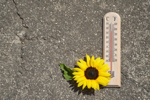Thermometer op beton achtergrond toont hoge temperatuur. Zomer warmte concept - Foto, afbeelding