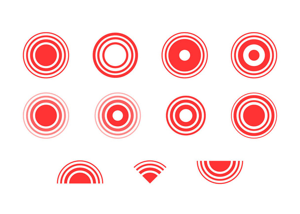 Znak lokalizace bolesti nastaven na červený kruh. Červené kruhy na znamení bolesti. Ikona radiální zánět. Zamířit ikonu zdraví. Vektor - Vektor, obrázek